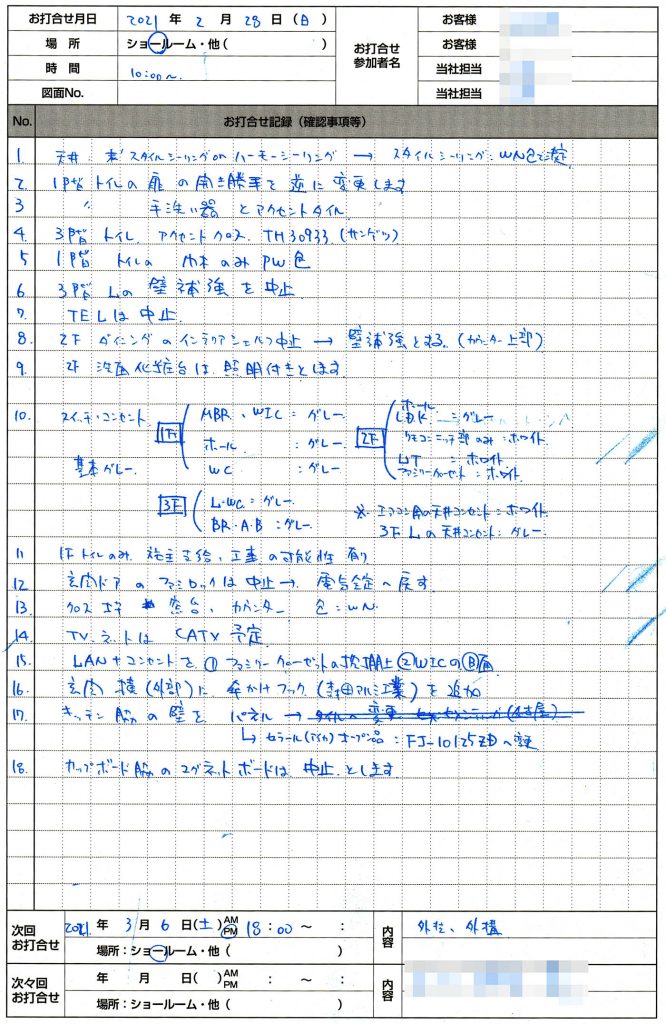 設計氏の手書きの打ち合わせメモ