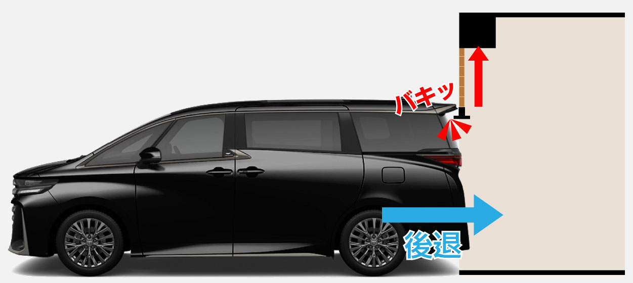 開くシャッターにルーフスポイラーが引っ掛かってしまった