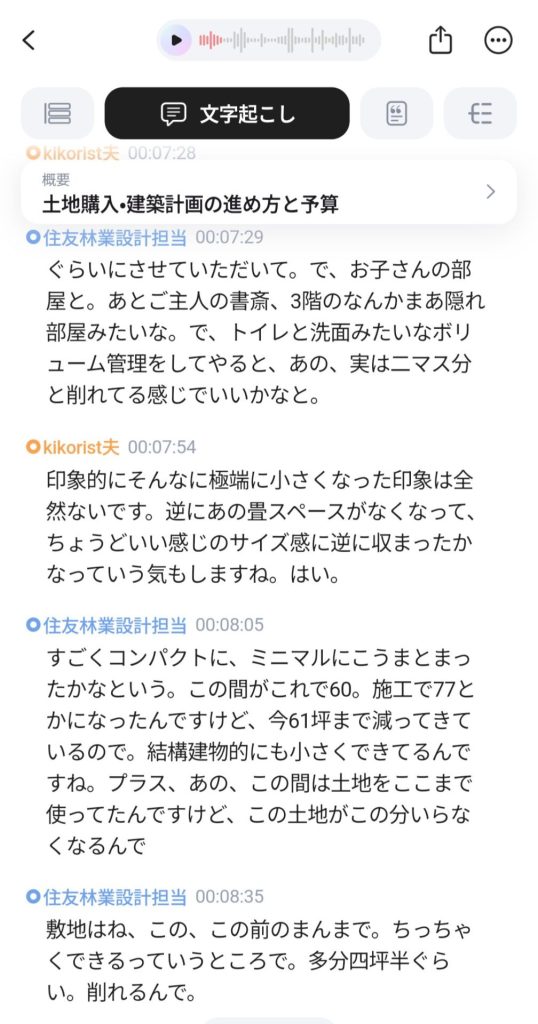 打ち合わせ内容の文字起こし