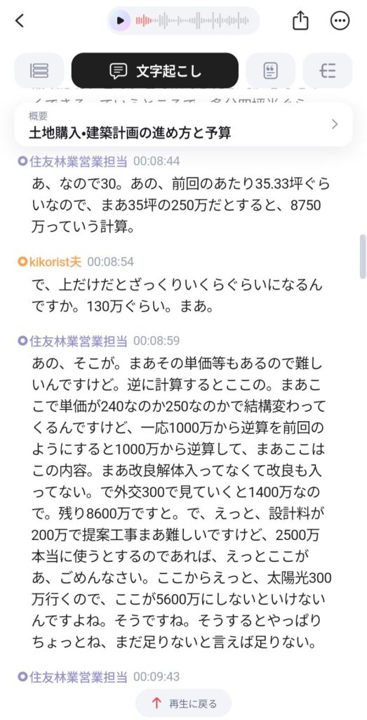 打ち合わせ内容の文字起こし